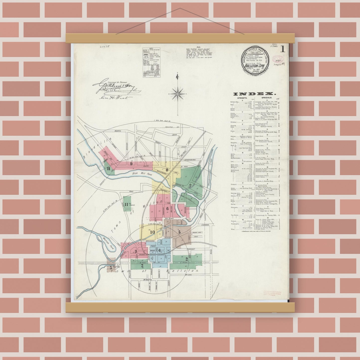 Old map wall art mockup — magnetic wood frame on brick wall — Sanborn Fire Insurance Map from Ballston Spa, Saratoga County, New York (1897) - Complete Map Set