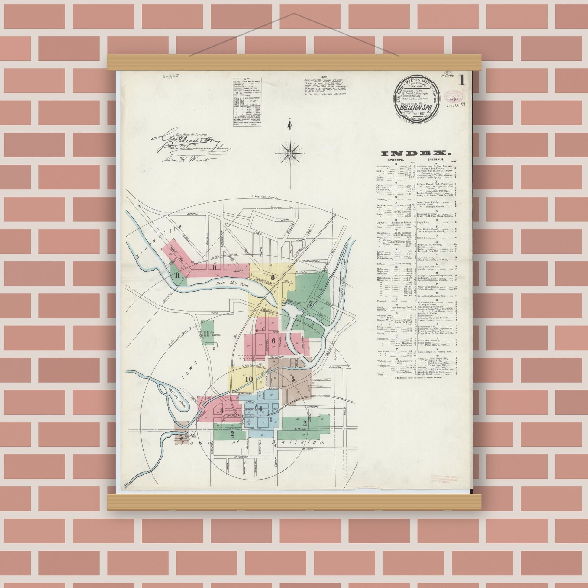 Old map wall art mockup — magnetic wood frame on brick wall — Sanborn Fire Insurance Map from Ballston Spa, Saratoga County, New York (1897) - Complete Map Set