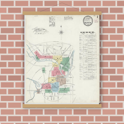 Old map wall art mockup — magnetic wood frame on brick wall — Sanborn Fire Insurance Map from Ballston Spa, Saratoga County, New York (1897) - Complete Map Set