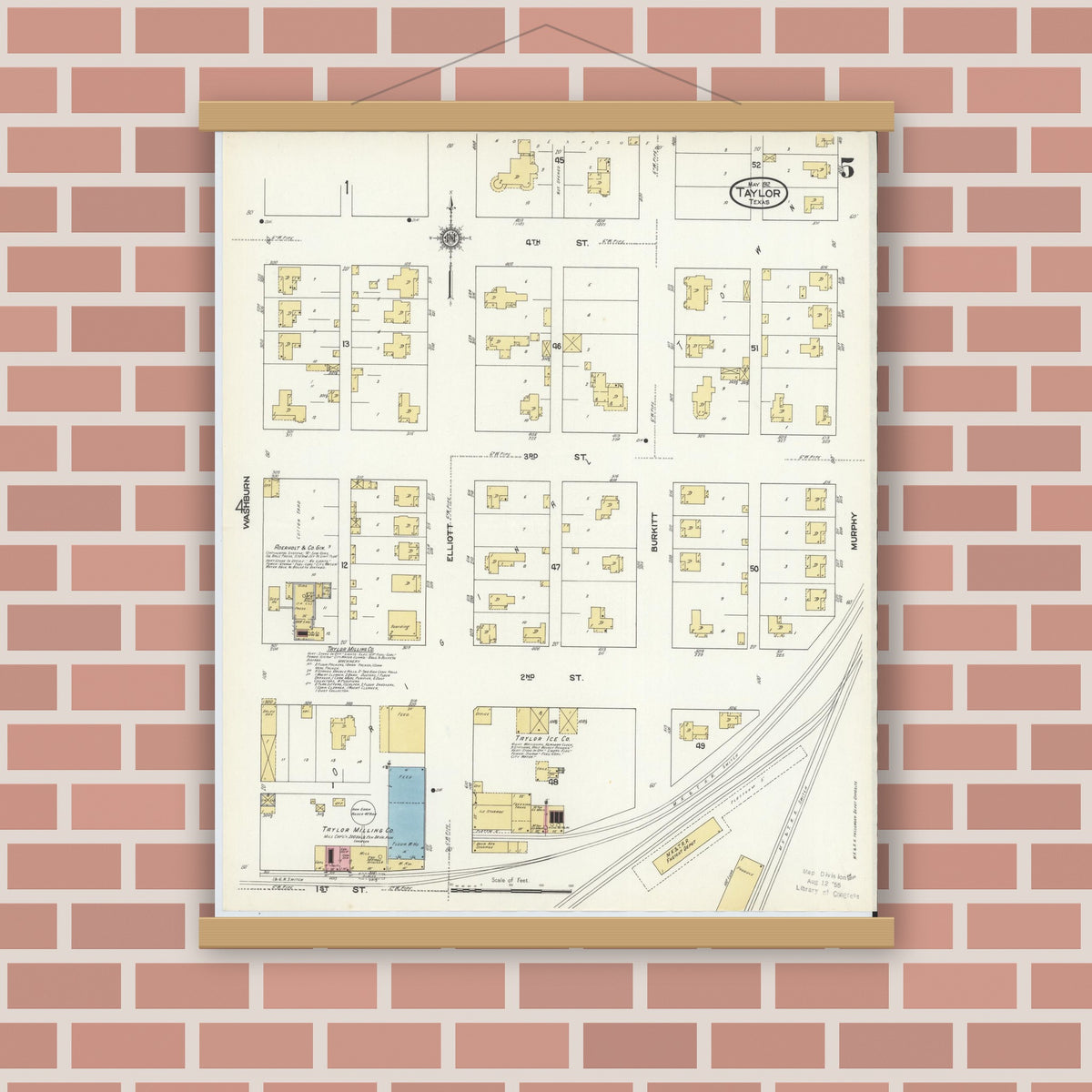 Old map wall art mockup — magnetic wood frame on brick wall — Sanborn Fire Insurance Map from Taylor, Williamson County, Texas (1912), Sheet #0005
