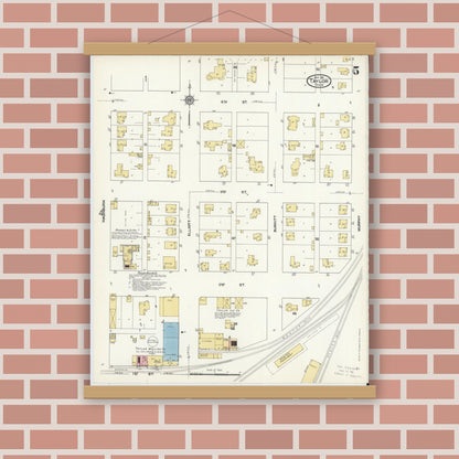 Old map wall art mockup — magnetic wood frame on brick wall — Sanborn Fire Insurance Map from Taylor, Williamson County, Texas (1912), Sheet #0005