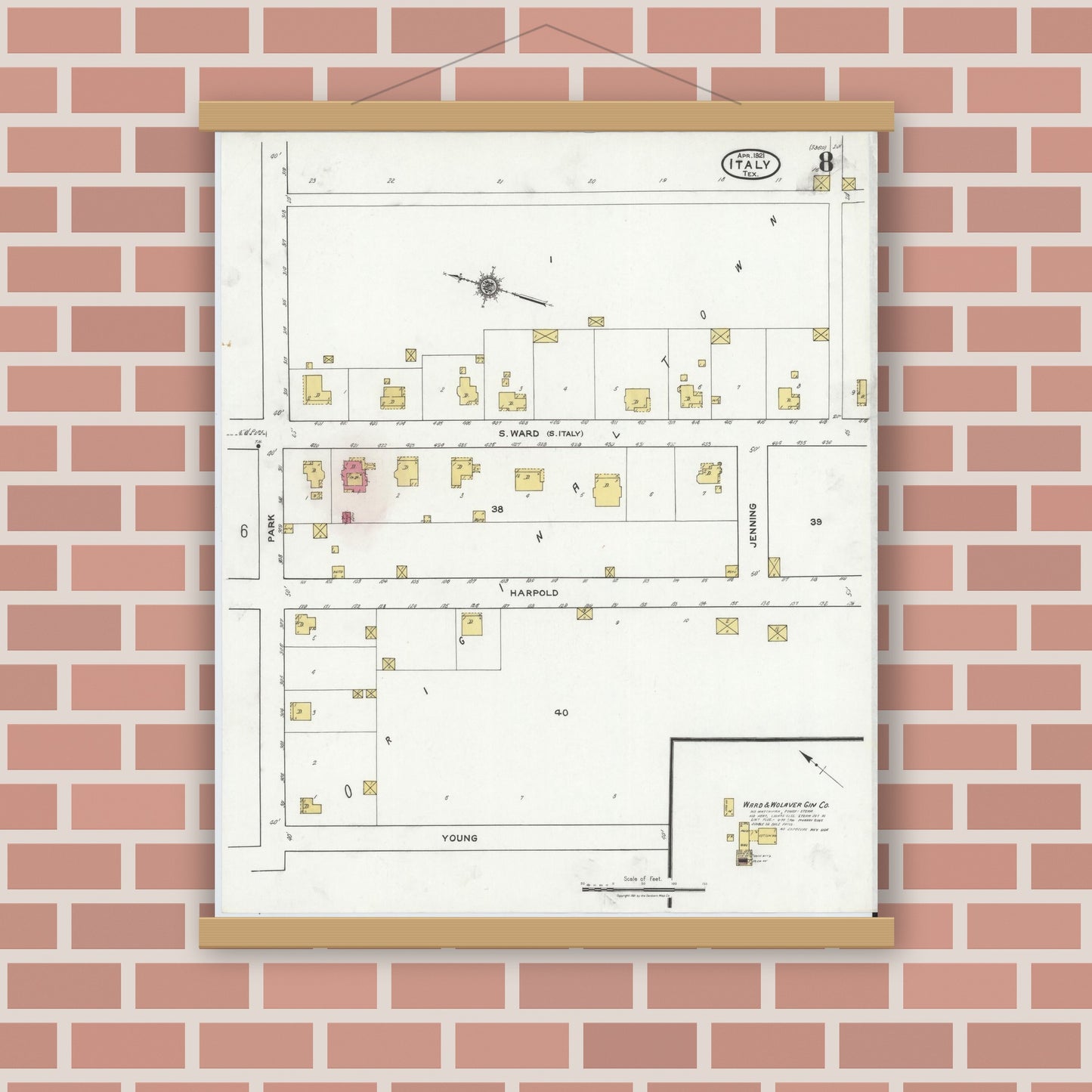 Old map wall art mockup — magnetic wood frame on brick wall — Sanborn Fire Insurance Map from Italy, Ellis County, Texas (1921), Sheet #0008