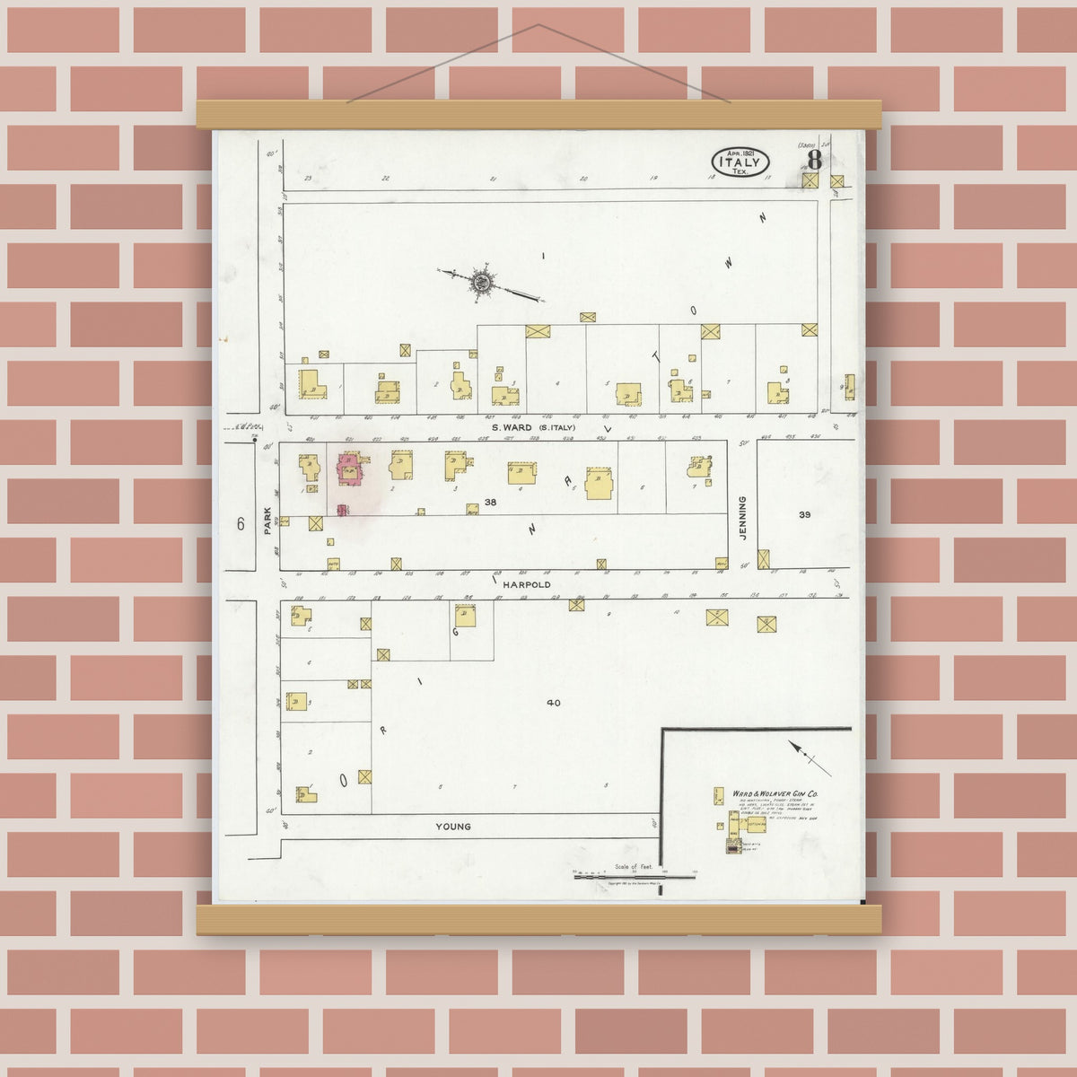 Old map wall art mockup — magnetic wood frame on brick wall — Sanborn Fire Insurance Map from Italy, Ellis County, Texas (1921), Sheet #0008