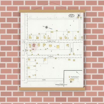 Old map wall art mockup — magnetic wood frame on brick wall — Sanborn Fire Insurance Map from Italy, Ellis County, Texas (1921), Sheet #0008