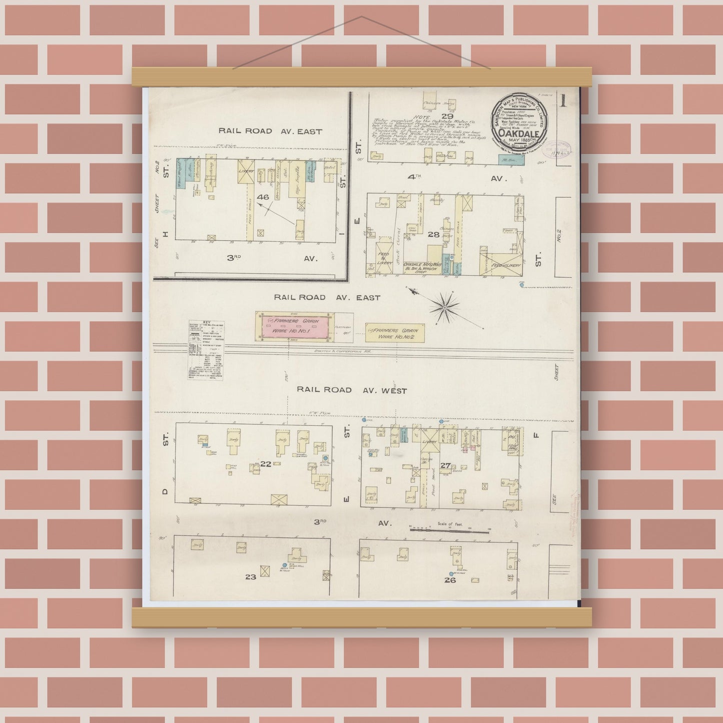 Old map wall art mockup — magnetic wood frame on brick wall — Sanborn Fire Insurance Map from Oakdale, Stanislaus County, California (1885) - Complete Map Set