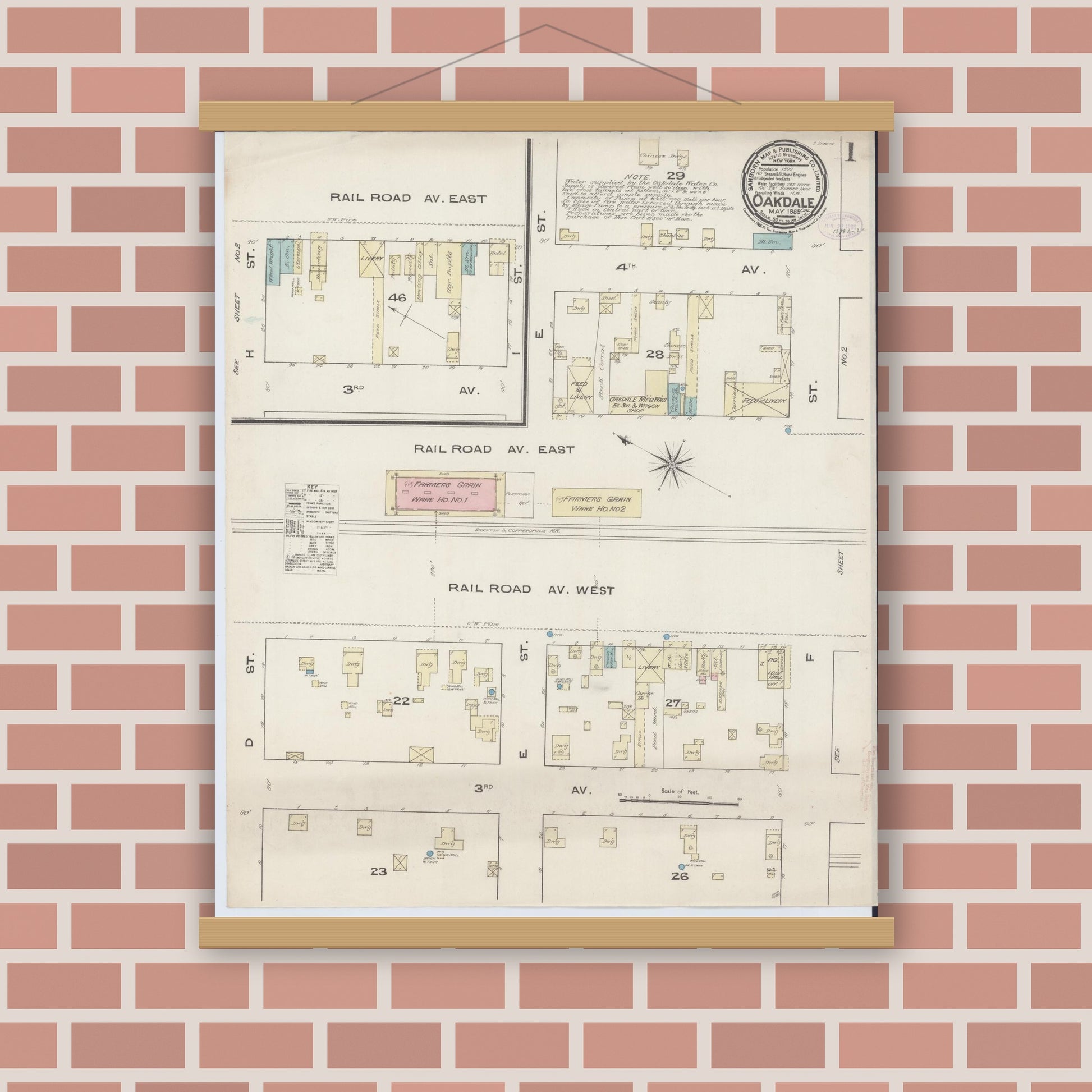 Old map wall art mockup — magnetic wood frame on brick wall — Sanborn Fire Insurance Map from Oakdale, Stanislaus County, California (1885) - Complete Map Set