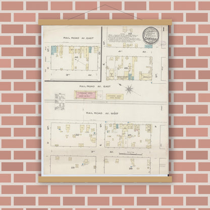 Old map wall art mockup — magnetic wood frame on brick wall — Sanborn Fire Insurance Map from Oakdale, Stanislaus County, California (1885) - Complete Map Set
