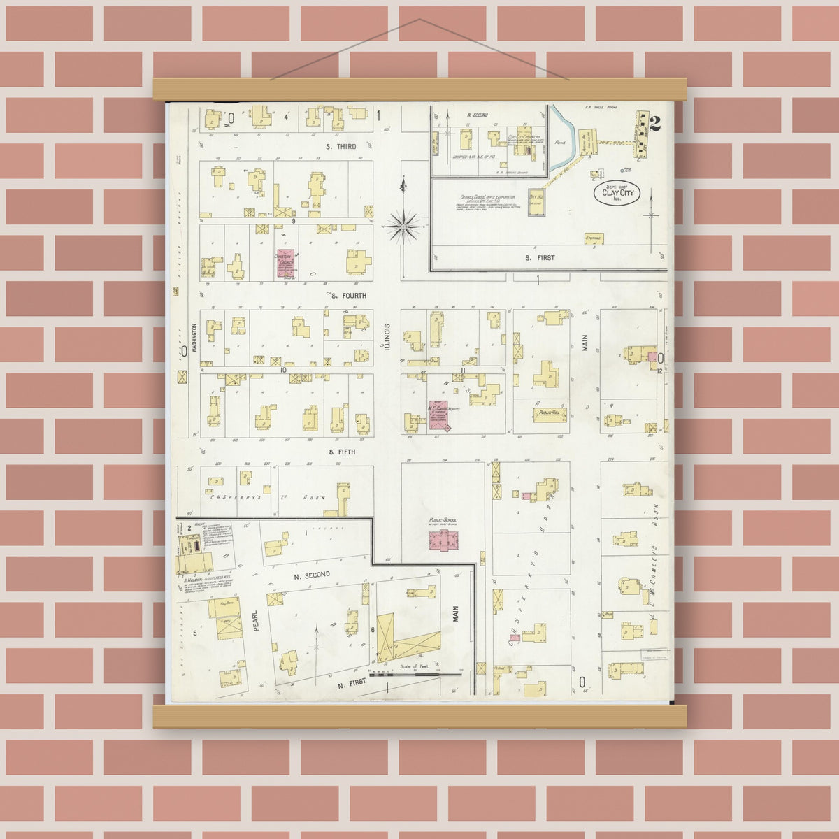 Old map wall art mockup — magnetic wood frame on brick wall — Sanborn Fire Insurance Map from Clay City, Clay County, Illinois (1907), Sheet #0002