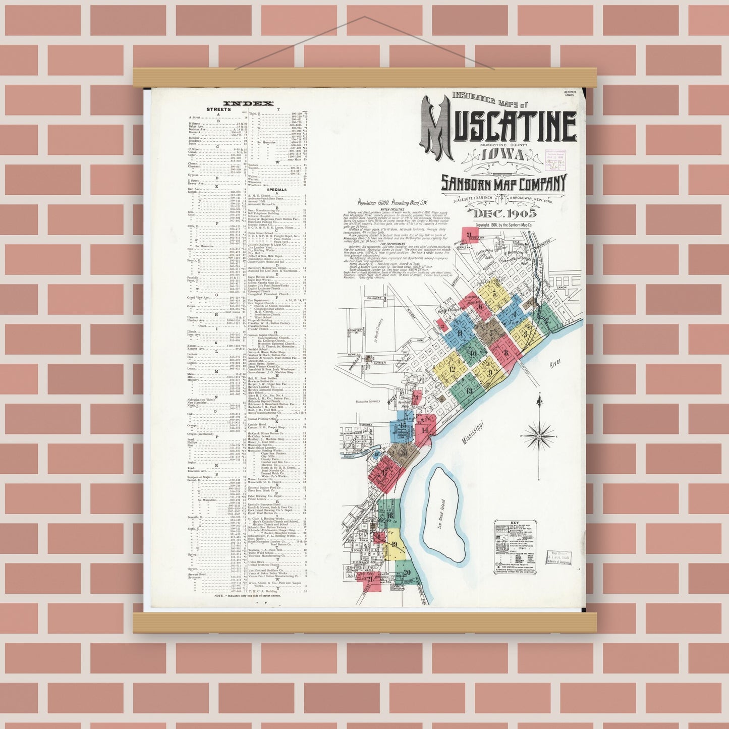 Old map wall art mockup — magnetic wood frame on brick wall — Sanborn Fire Insurance Map from Muscatine, Muscatine County, Iowa (1905) â€” Complete Set