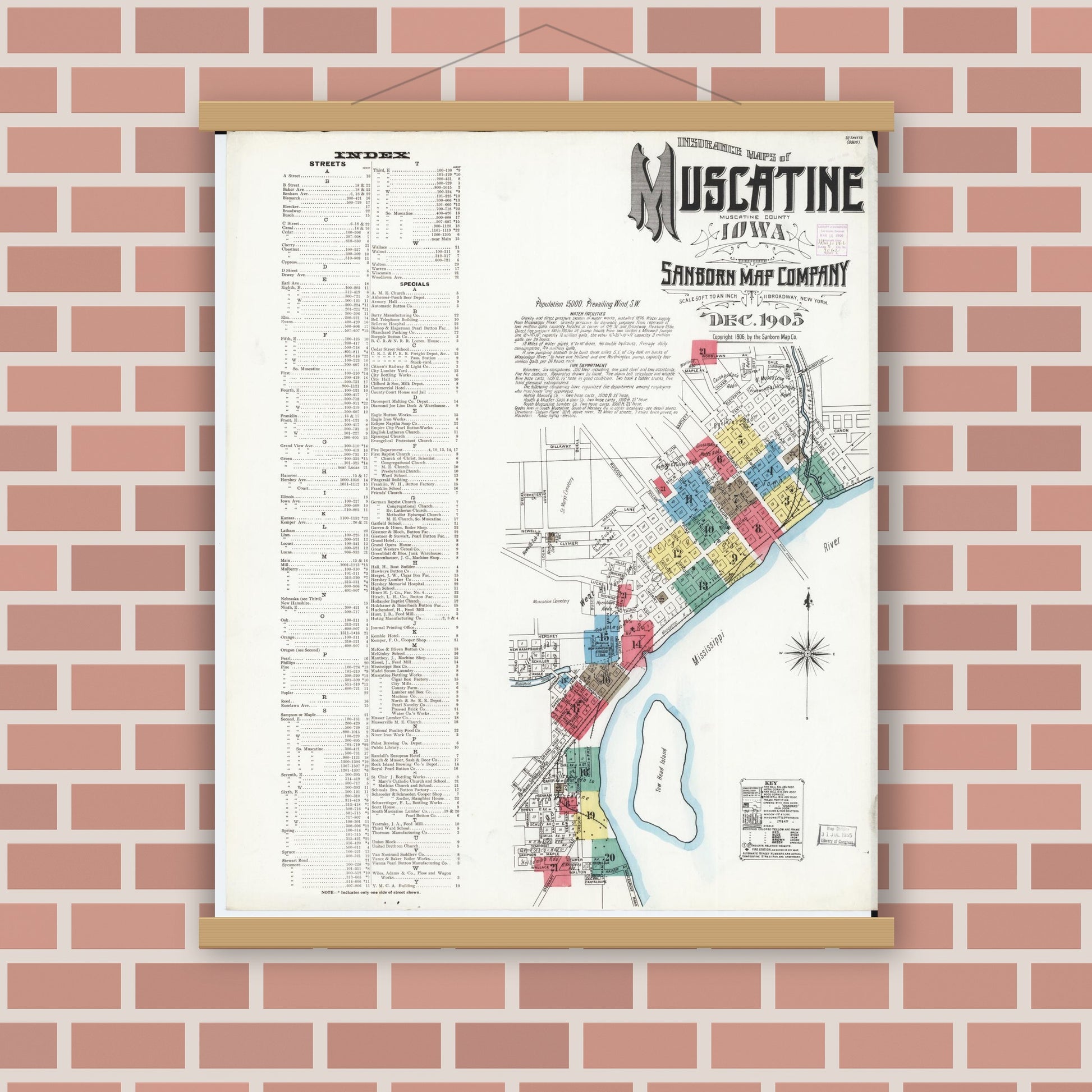 Old map wall art mockup — magnetic wood frame on brick wall — Sanborn Fire Insurance Map from Muscatine, Muscatine County, Iowa (1905) â€” Complete Set