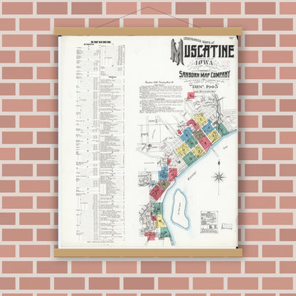 Old map wall art mockup — magnetic wood frame on brick wall — Sanborn Fire Insurance Map from Muscatine, Muscatine County, Iowa (1905) â€” Complete Set