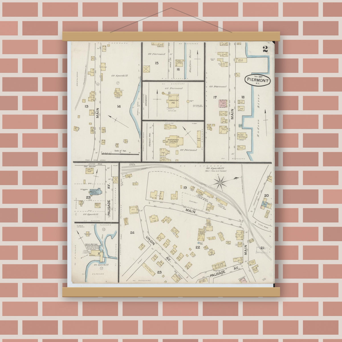 Old map wall art mockup — magnetic wood frame on brick wall — Sanborn Fire Insurance Map from Piermont, Rockland County, New York (1887), Sheet #0002
