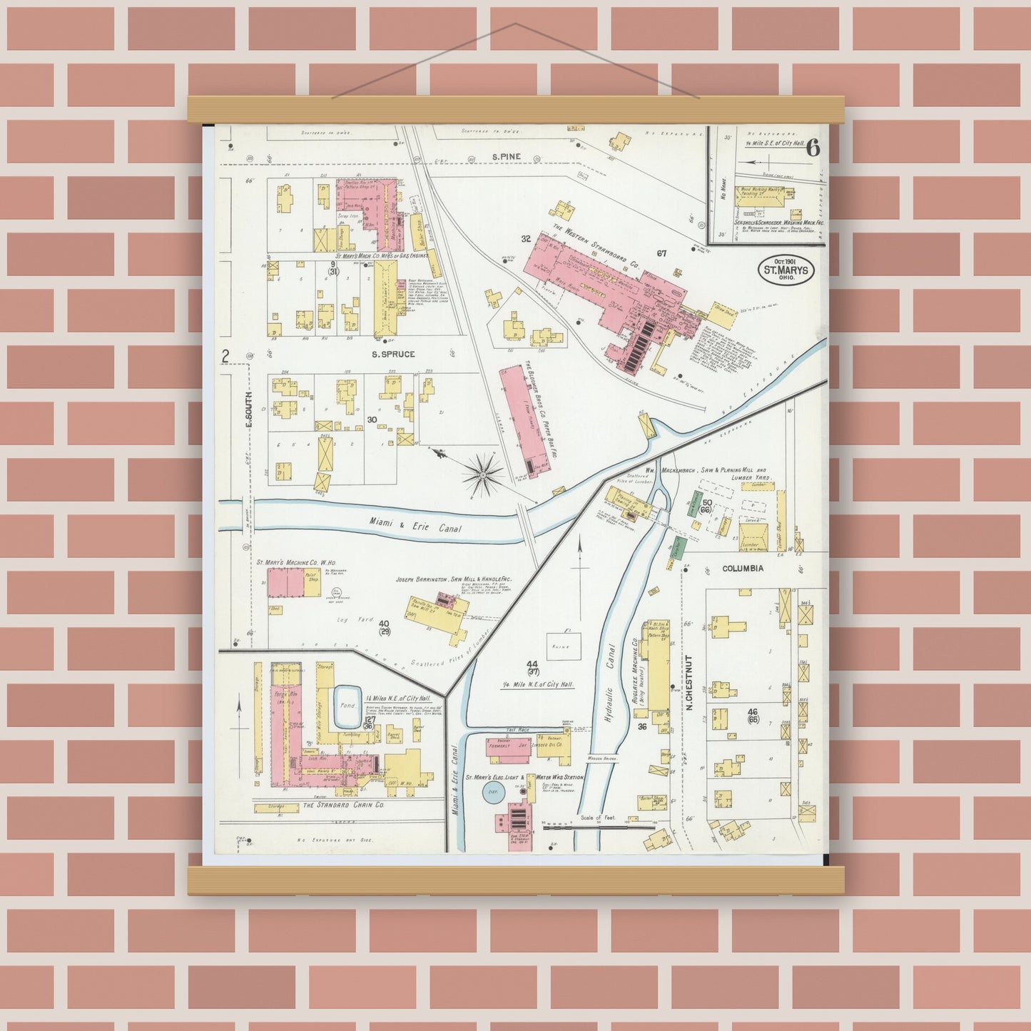 Old map wall art mockup — magnetic wood frame on brick wall — Sanborn Fire Insurance Map from Saint Marys, Auglaize County, Ohio (1901), Sheet #0006
