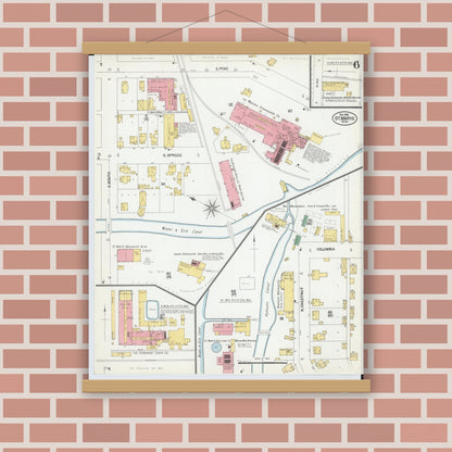 Old map wall art mockup — magnetic wood frame on brick wall — Sanborn Fire Insurance Map from Saint Marys, Auglaize County, Ohio (1901), Sheet #0006