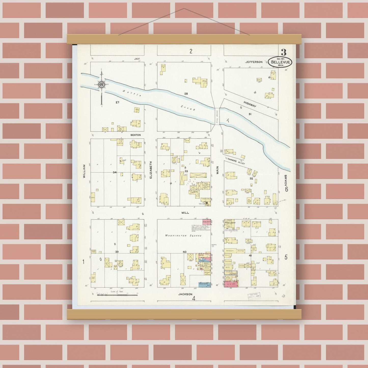 Old map wall art mockup — magnetic wood frame on brick wall — Sanborn Fire Insurance Map from Bellevue, Eaton County, Michigan (1911), Sheet #0003