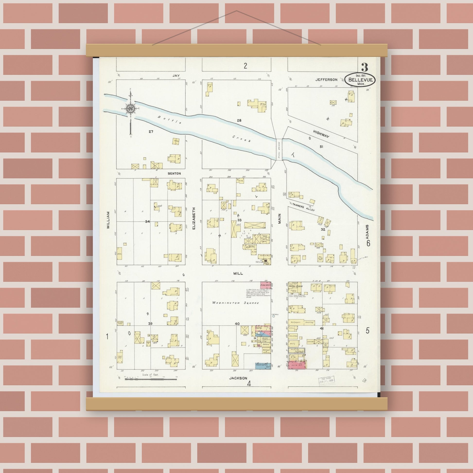 Old map wall art mockup — magnetic wood frame on brick wall — Sanborn Fire Insurance Map from Bellevue, Eaton County, Michigan (1911), Sheet #0003