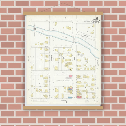 Old map wall art mockup — magnetic wood frame on brick wall — Sanborn Fire Insurance Map from Bellevue, Eaton County, Michigan (1911), Sheet #0003