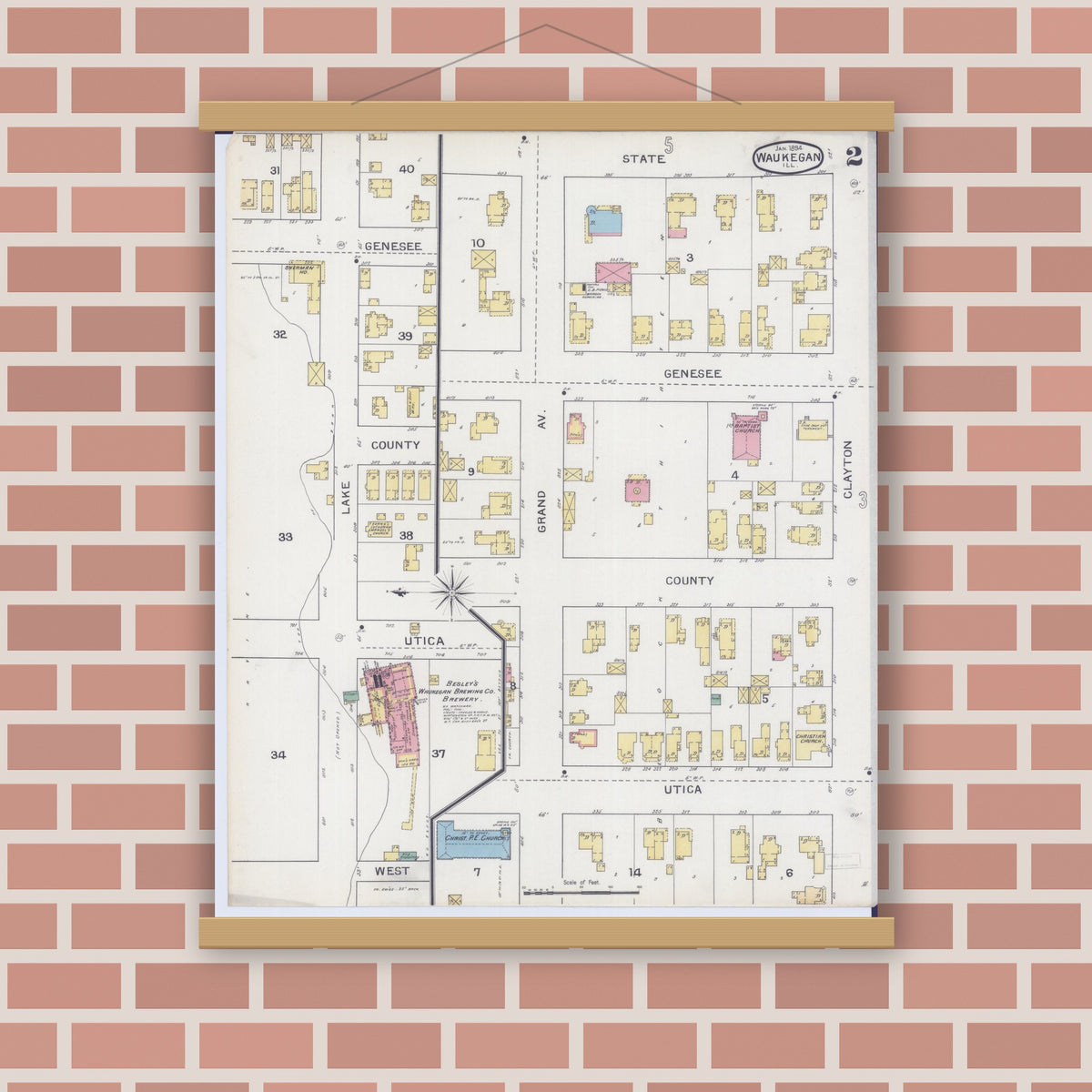 Old map wall art mockup — magnetic wood frame on brick wall — Sanborn Fire Insurance Map from Waukegan, Lake County, Illinois (1894), Sheet #0002