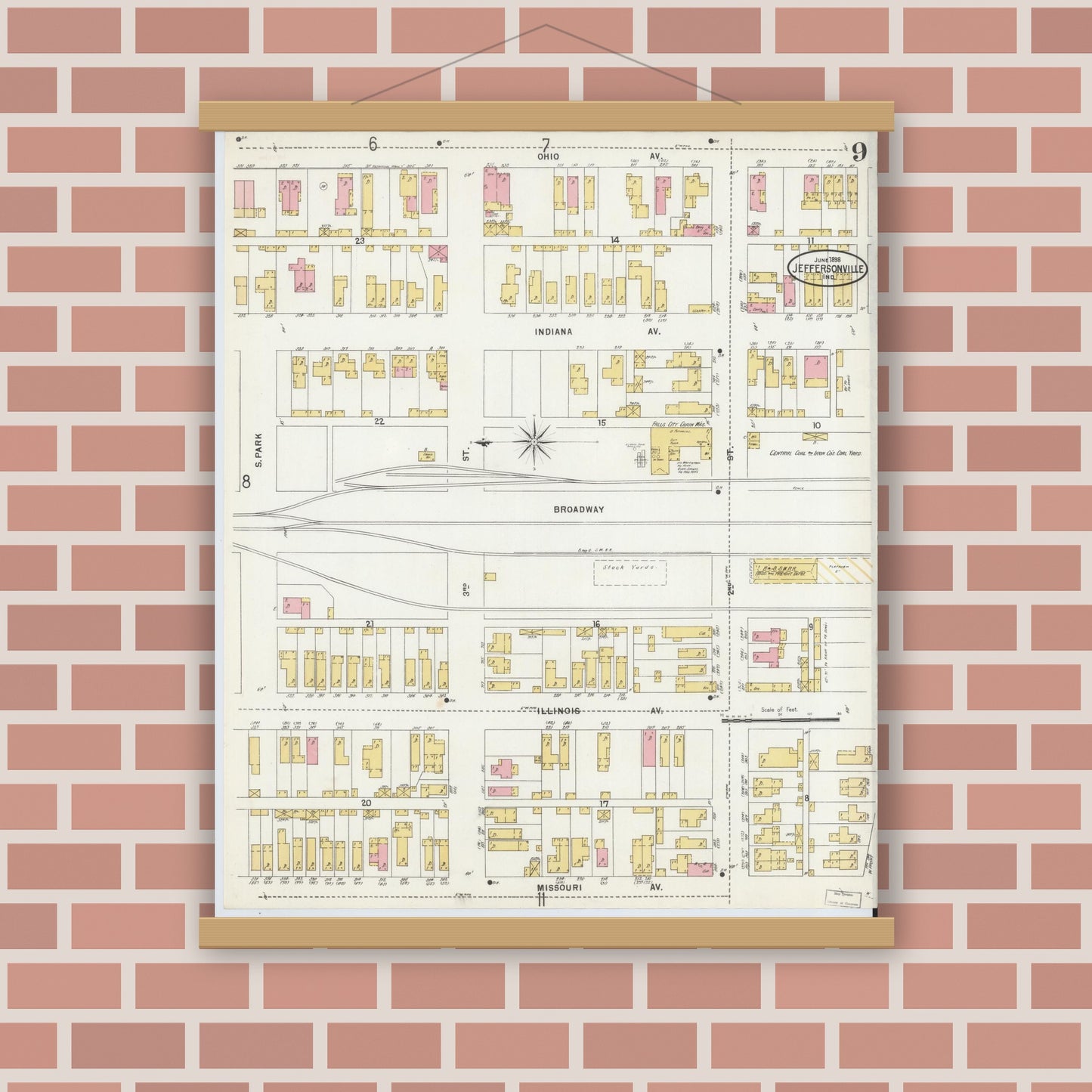 Old map wall art mockup — magnetic wood frame on brick wall — Sanborn Fire Insurance Map from Jeffersonville, Clark County, Indiana (1898), Sheet #0009
