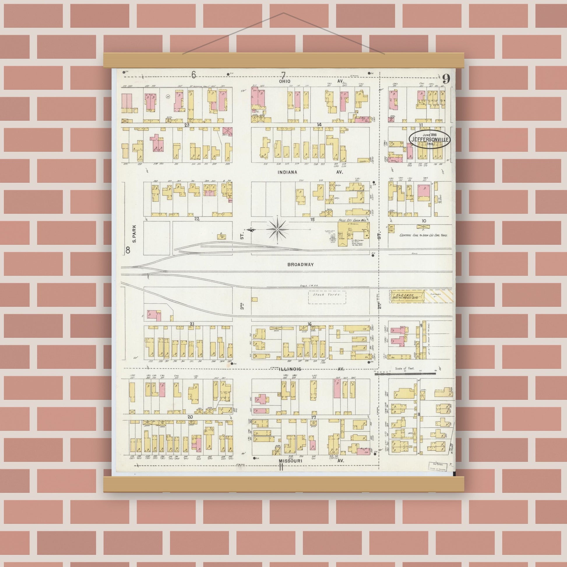 Old map wall art mockup — magnetic wood frame on brick wall — Sanborn Fire Insurance Map from Jeffersonville, Clark County, Indiana (1898), Sheet #0009