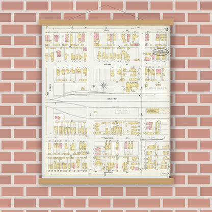 Old map wall art mockup — magnetic wood frame on brick wall — Sanborn Fire Insurance Map from Jeffersonville, Clark County, Indiana (1898), Sheet #0009