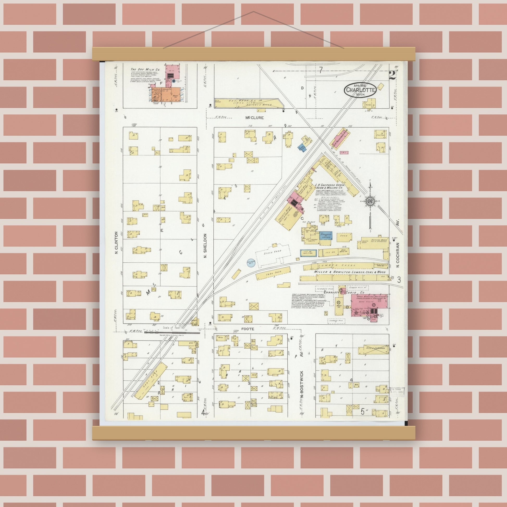 Old map wall art mockup — magnetic wood frame on brick wall — Sanborn Fire Insurance Map from Charlotte, Eaton County, Michigan (1918), Sheet #0002