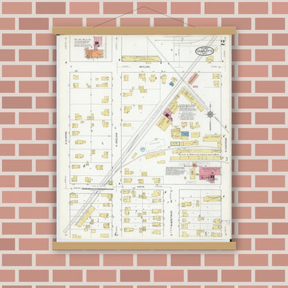 Old map wall art mockup — magnetic wood frame on brick wall — Sanborn Fire Insurance Map from Charlotte, Eaton County, Michigan (1918), Sheet #0002