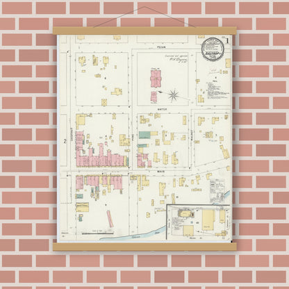 Old map wall art mockup — magnetic wood frame on brick wall — Sanborn Fire Insurance Map from Bastrop, Bastrop County, Texas (1896), Sheet #0001