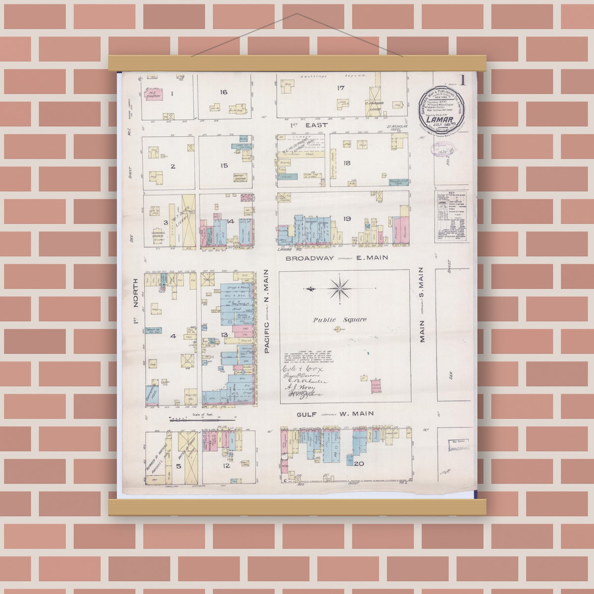 Old map wall art mockup — magnetic wood frame on brick wall — Sanborn Fire Insurance Map from Lamar, Barton County, Missouri (1885) - Complete Map Set