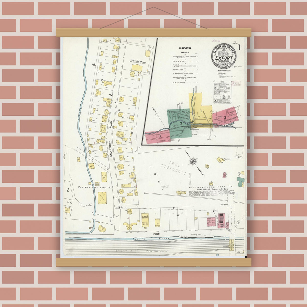 Old map wall art mockup — magnetic wood frame on brick wall — Sanborn Fire Insurance Map from Export, Westmoreland County, Pennsylvania (1909) - Complete Map Set
