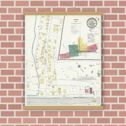 Old map wall art mockup — magnetic wood frame on brick wall — Sanborn Fire Insurance Map from Export, Westmoreland County, Pennsylvania (1909) - Complete Map Set