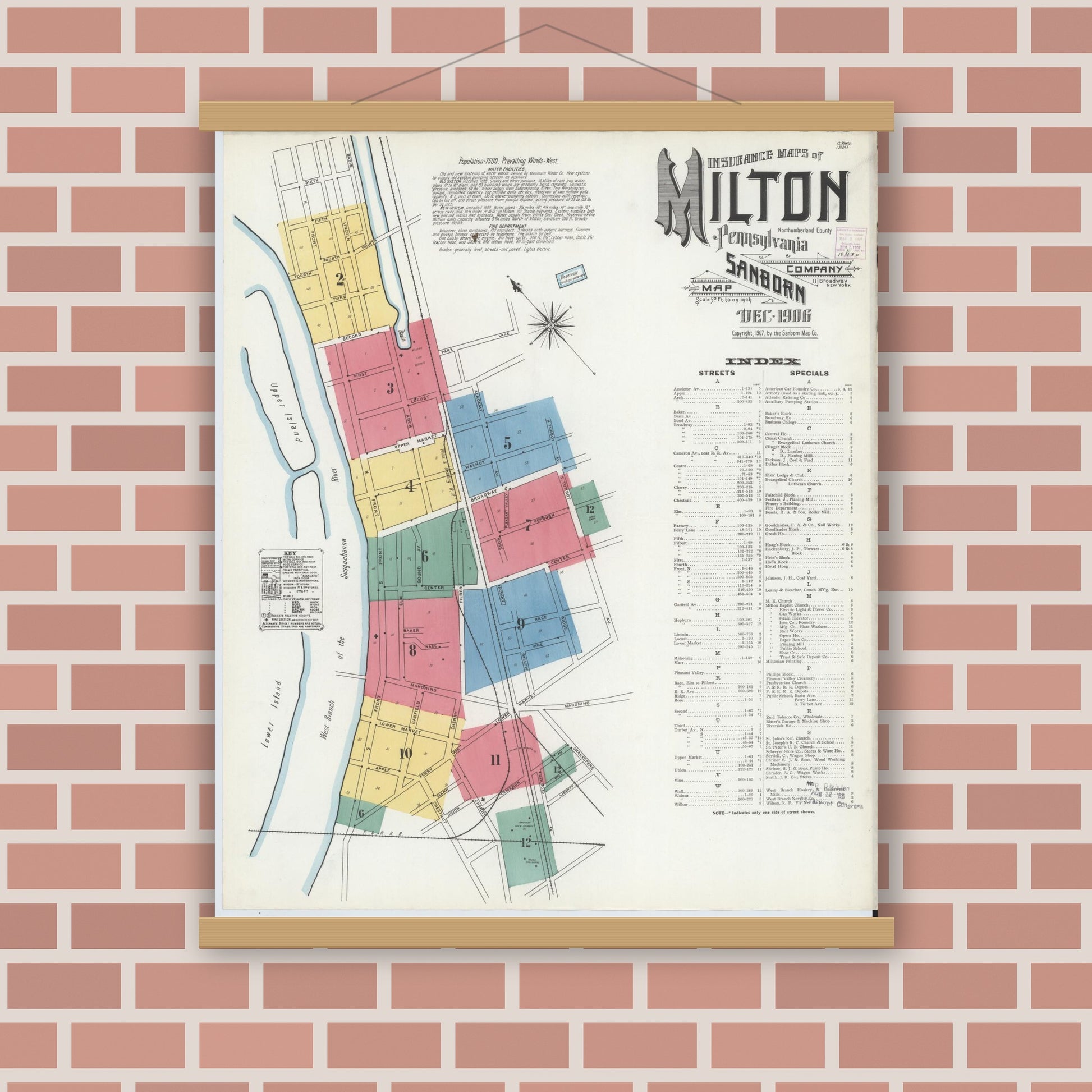 Old map wall art mockup — magnetic wood frame on brick wall — Sanborn Fire Insurance Map from Milton, Northumberland County, Pennsylvania (1906), Sheet #0001