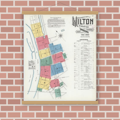 Old map wall art mockup — magnetic wood frame on brick wall — Sanborn Fire Insurance Map from Milton, Northumberland County, Pennsylvania (1906), Sheet #0001