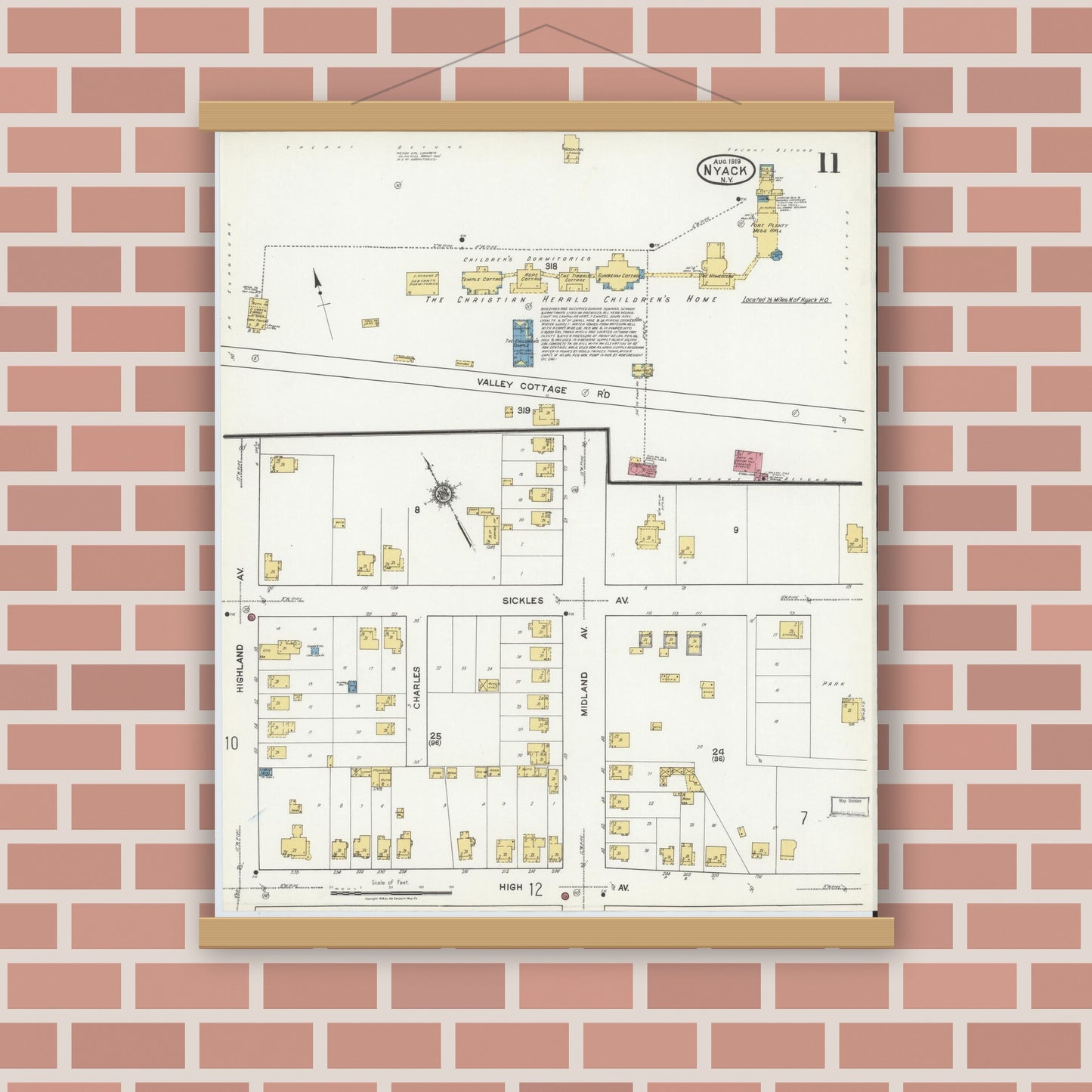 Old map wall art mockup — magnetic wood frame on brick wall — Sanborn Fire Insurance Map from Nyack, Rockland County, New York. (1919), Sheet #0011