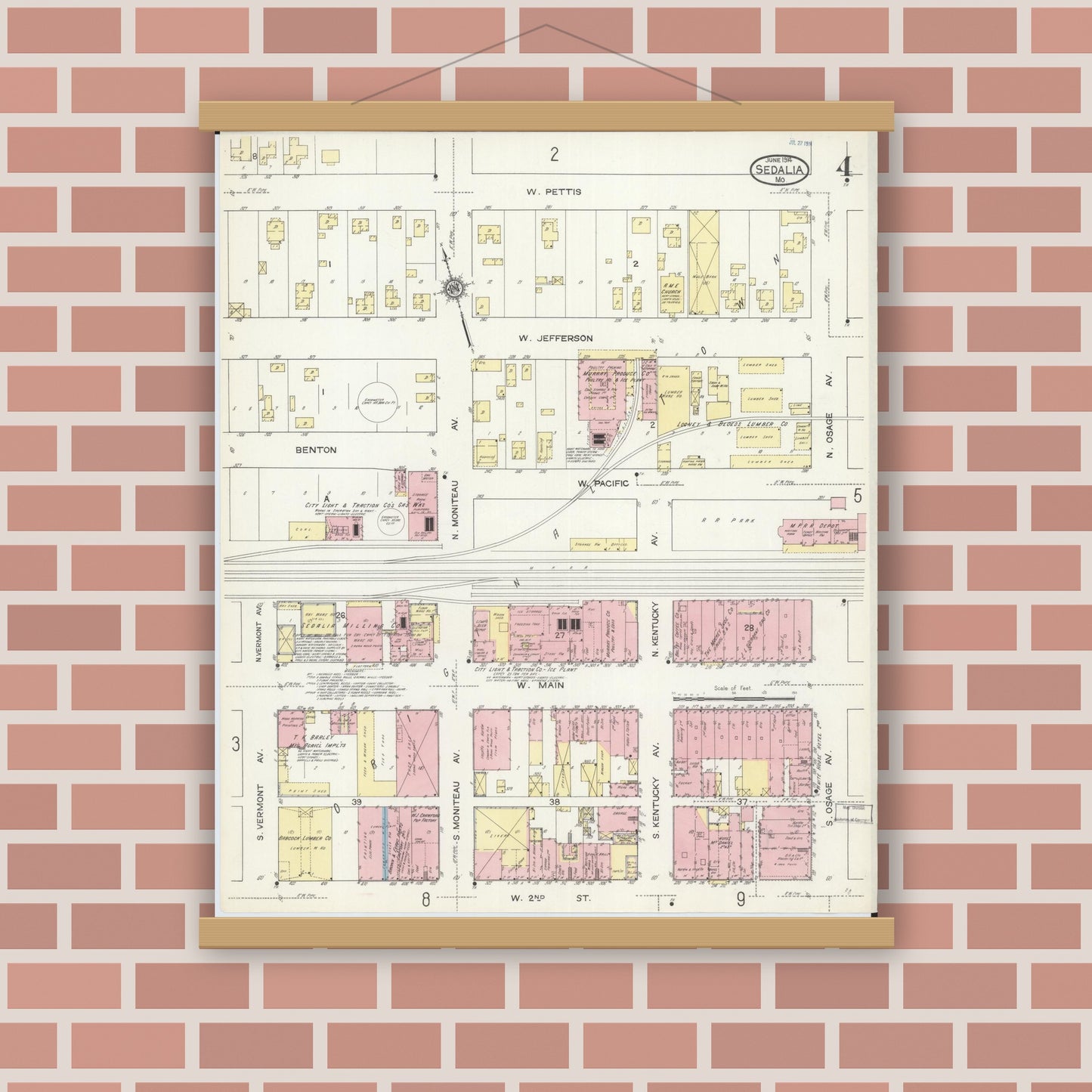 Old map wall art mockup — magnetic wood frame on brick wall — Sanborn Fire Insurance Map from Sedalia, Pettis County, Missouri (1914), Sheet #0004