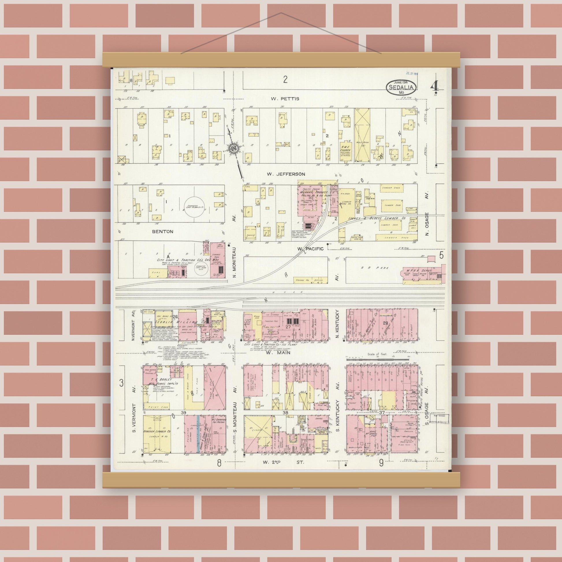 Old map wall art mockup — magnetic wood frame on brick wall — Sanborn Fire Insurance Map from Sedalia, Pettis County, Missouri (1914), Sheet #0004