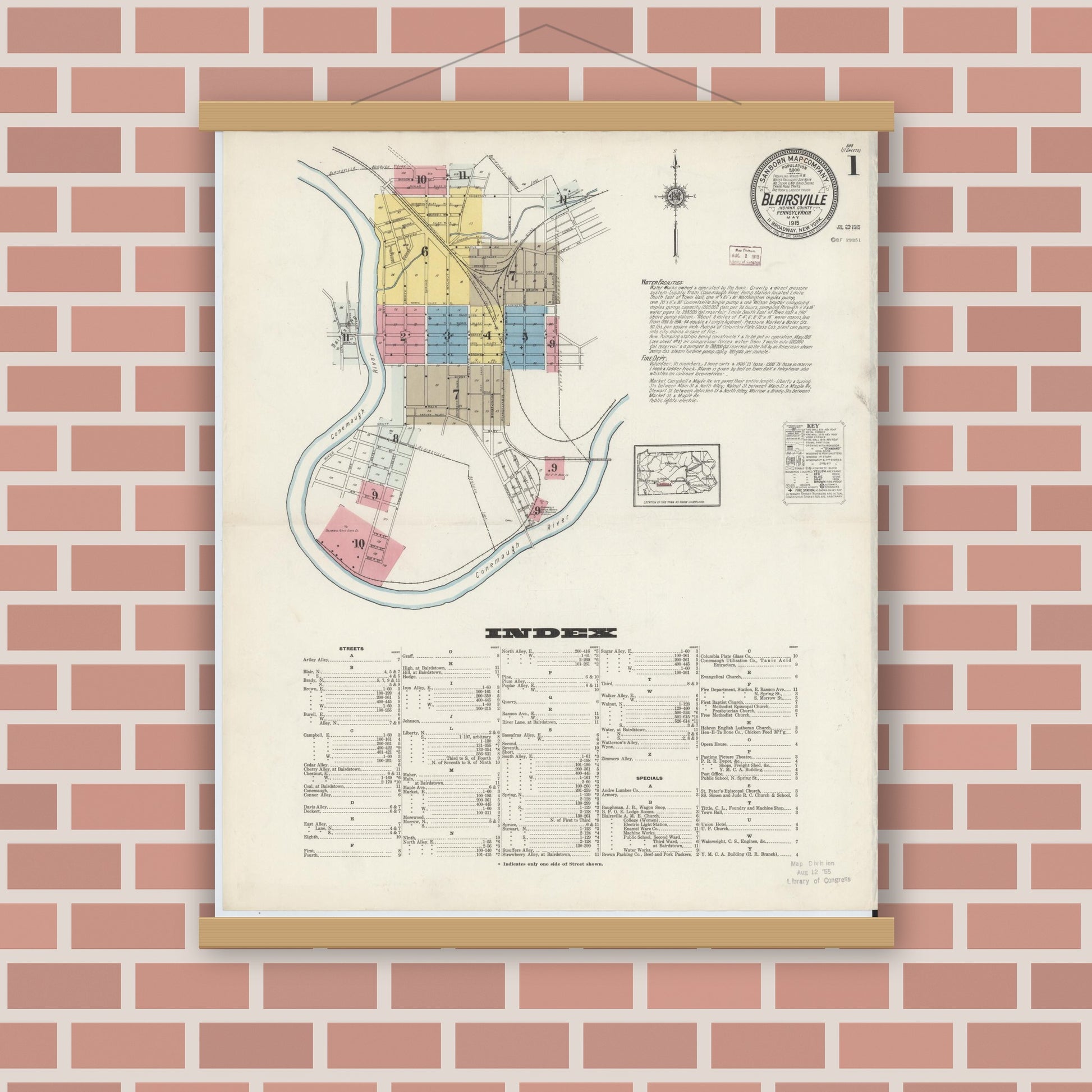Old map wall art mockup — magnetic wood frame on brick wall — Sanborn Fire Insurance Map from Blairsville, Indiana County, Pennsylvania (1915), Sheet #0001