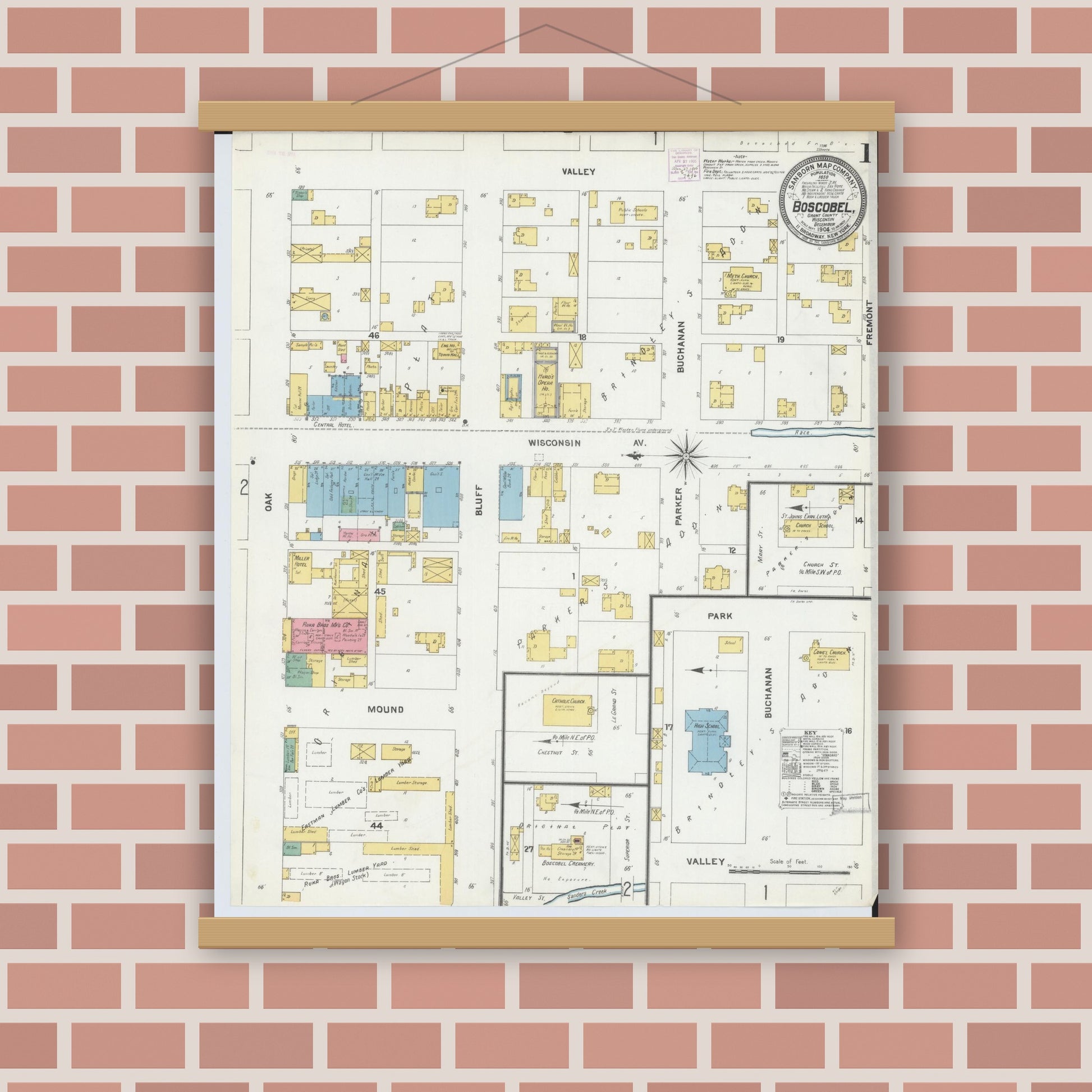 Old map wall art mockup — magnetic wood frame on brick wall — Sanborn Fire Insurance Map from Boscobel, Grant County, Wisconsin (1904), Sheet #0001