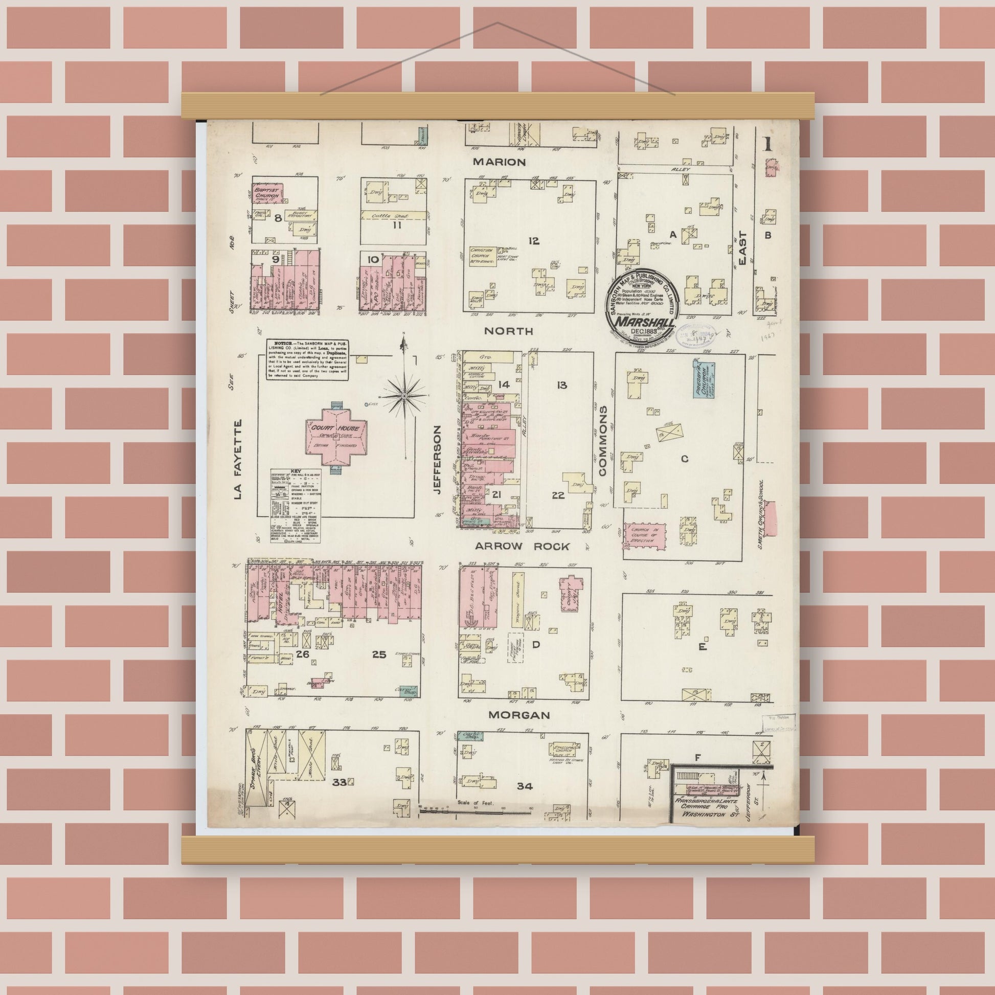 Old map wall art mockup — magnetic wood frame on brick wall — Sanborn Fire Insurance Map from Marshall, Saline County, Missouri (1883), Sheet #0001