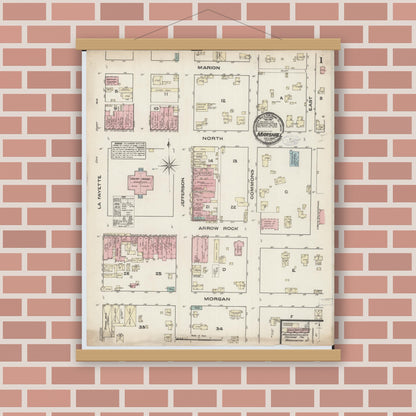 Old map wall art mockup — magnetic wood frame on brick wall — Sanborn Fire Insurance Map from Marshall, Saline County, Missouri (1883), Sheet #0001