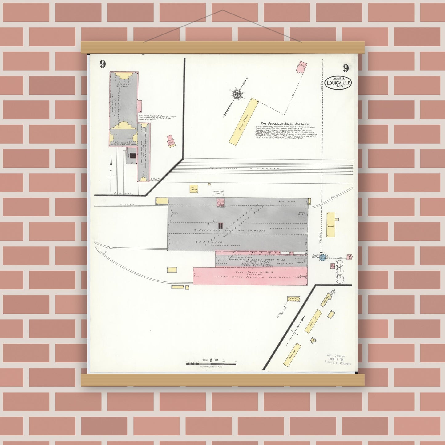 Old map wall art mockup — magnetic wood frame on brick wall — Sanborn Fire Insurance Map from Louisville, Stark County, Ohio (1923), Sheet #0009