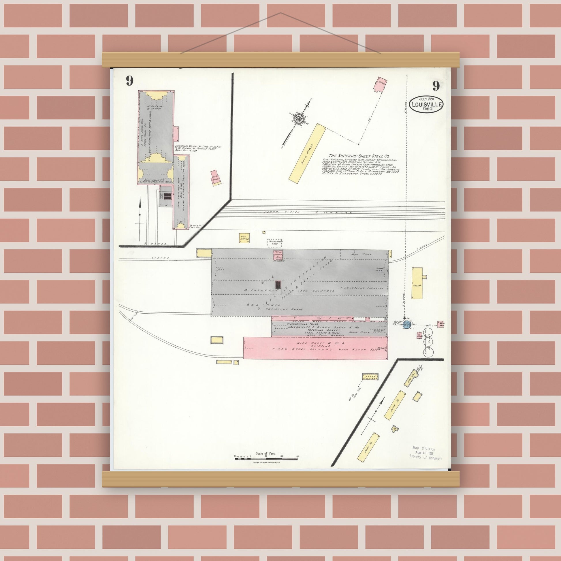 Old map wall art mockup — magnetic wood frame on brick wall — Sanborn Fire Insurance Map from Louisville, Stark County, Ohio (1923), Sheet #0009
