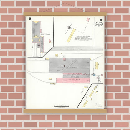 Old map wall art mockup — magnetic wood frame on brick wall — Sanborn Fire Insurance Map from Louisville, Stark County, Ohio (1923), Sheet #0009