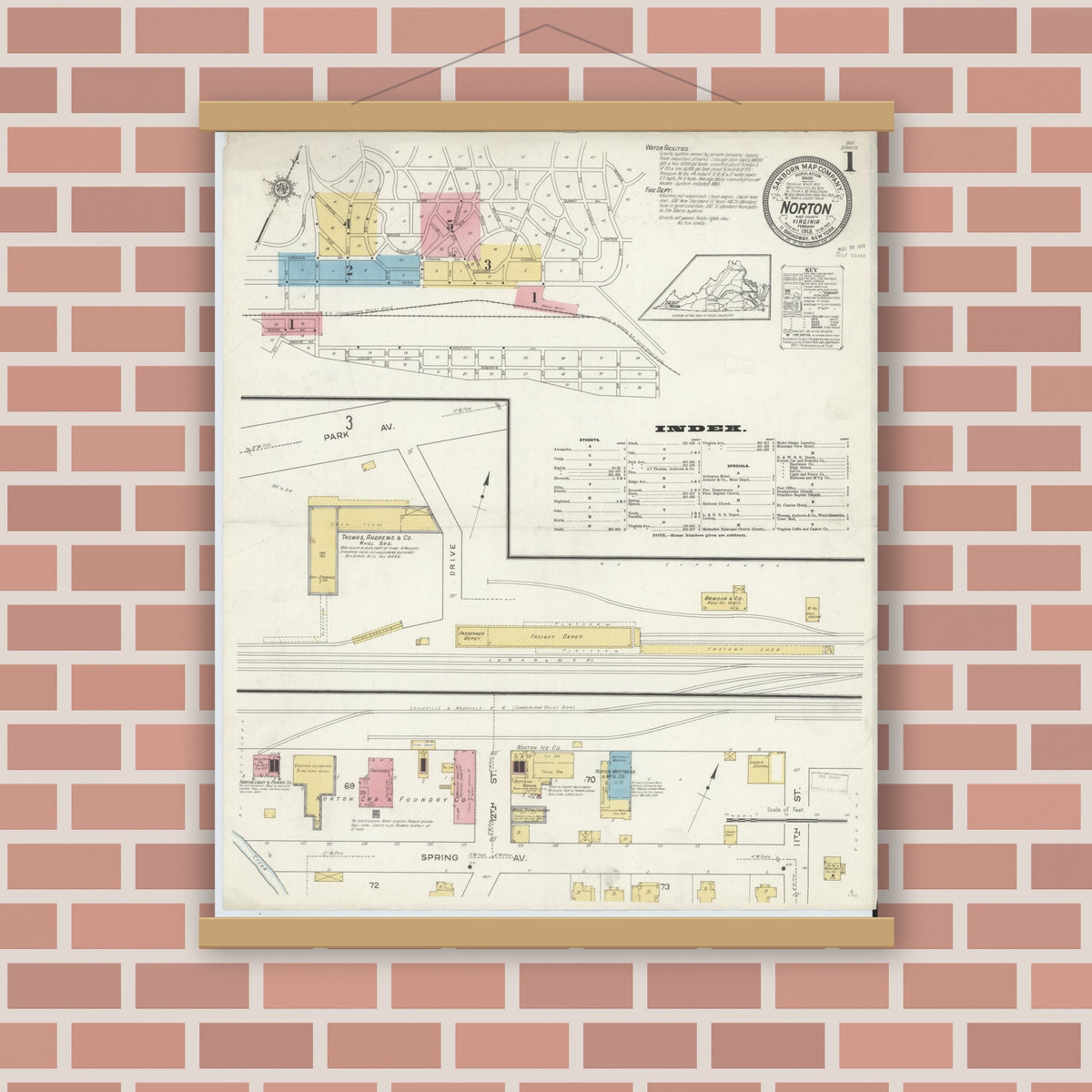 Old map wall art mockup — magnetic wood frame on brick wall — Sanborn Fire Insurance Map from Norton, Independent Cities, Virginia (1913), Sheet #0001