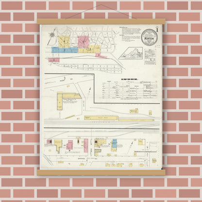 Old map wall art mockup — magnetic wood frame on brick wall — Sanborn Fire Insurance Map from Norton, Independent Cities, Virginia (1913), Sheet #0001