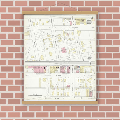 Old map wall art mockup — magnetic wood frame on brick wall — Sanborn Fire Insurance Map from Sedalia, Pettis County, Missouri (1914), Sheet #0003