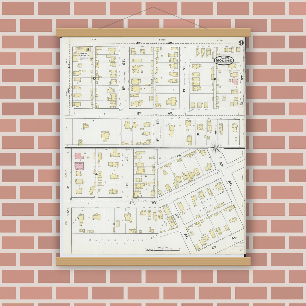 Old map wall art mockup — magnetic wood frame on brick wall — Sanborn Fire Insurance Map from Moline, Rock Island County, Illinois (1892), Sheet #0009