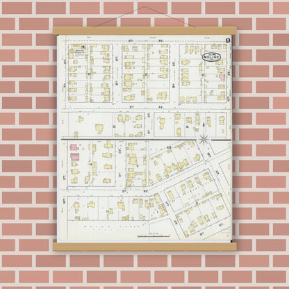 Old map wall art mockup — magnetic wood frame on brick wall — Sanborn Fire Insurance Map from Moline, Rock Island County, Illinois (1892), Sheet #0009