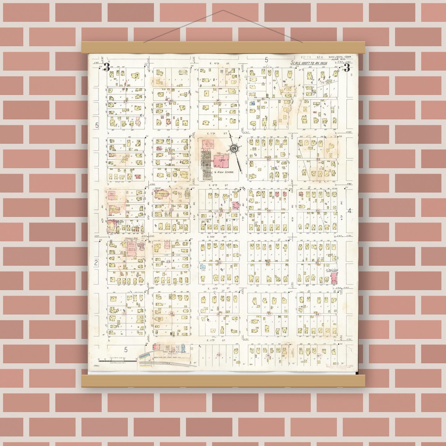 Old map wall art mockup — magnetic wood frame on brick wall — Sanborn Fire Insurance Map from Sheldon, O'Brien County, Iowa (1948), Sheet #0003