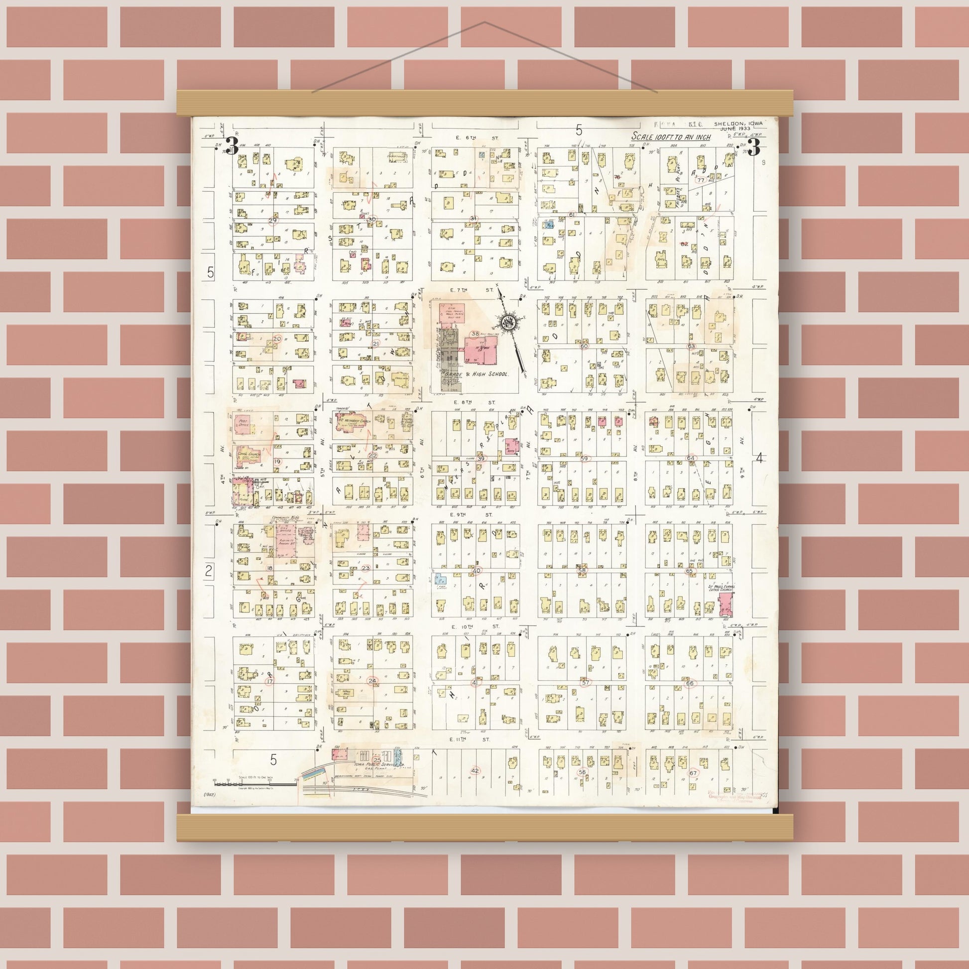 Old map wall art mockup — magnetic wood frame on brick wall — Sanborn Fire Insurance Map from Sheldon, O'Brien County, Iowa (1948), Sheet #0003